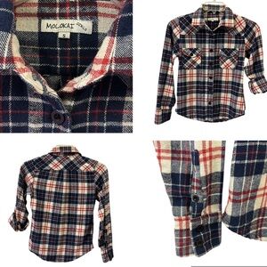 Molokai Flannel Plaid Red White Blue Long Sleeve Button Up Cowgirl Girls Small